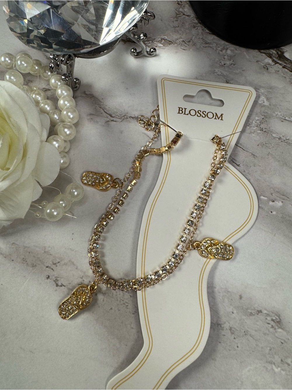 Blossom Gold Crystal Charm Anklet - Gold